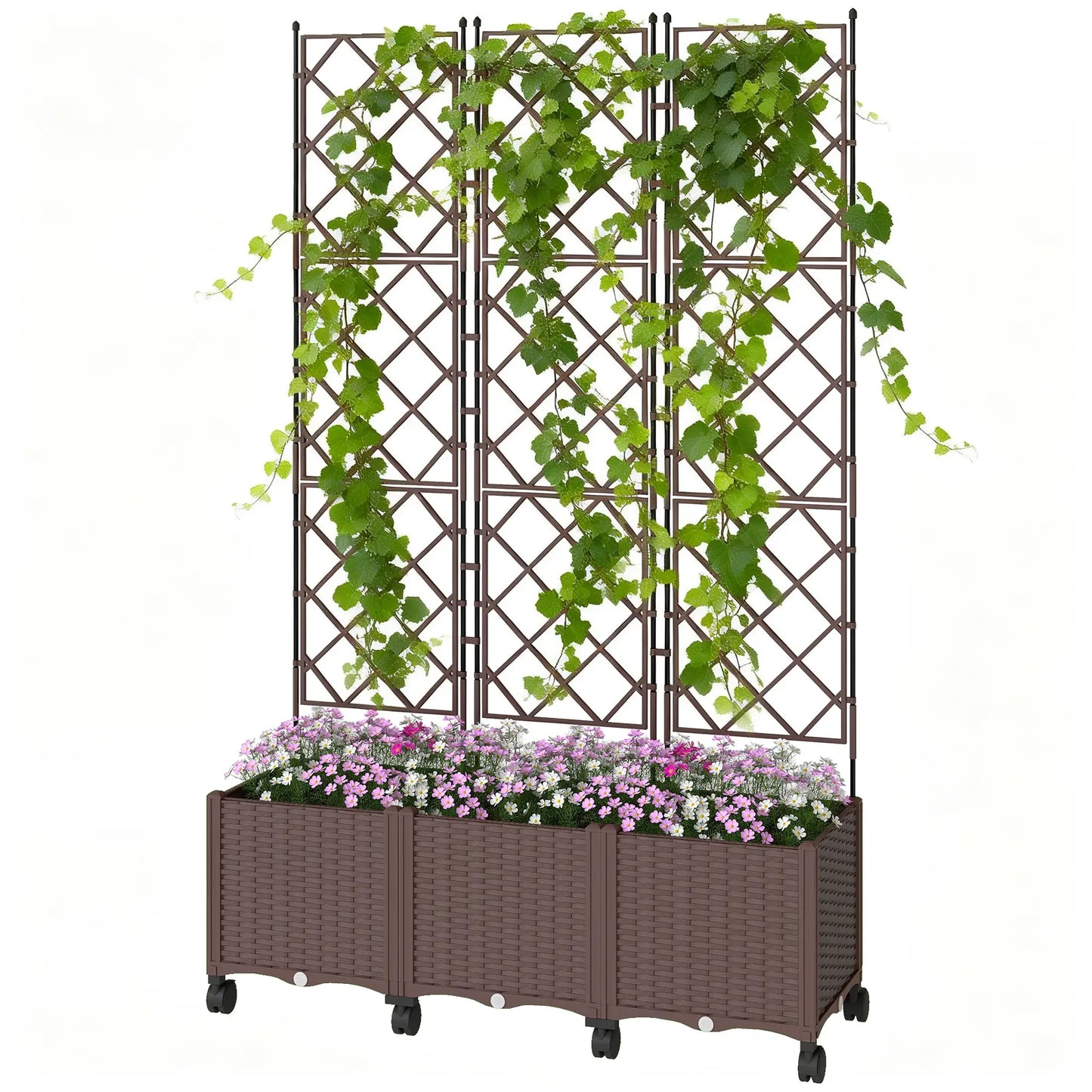 Plastic Raised Garden Bed With Trellis, Self Watering Planter Box With Wheels Raised Garden Beds Brown at Gallery Canada