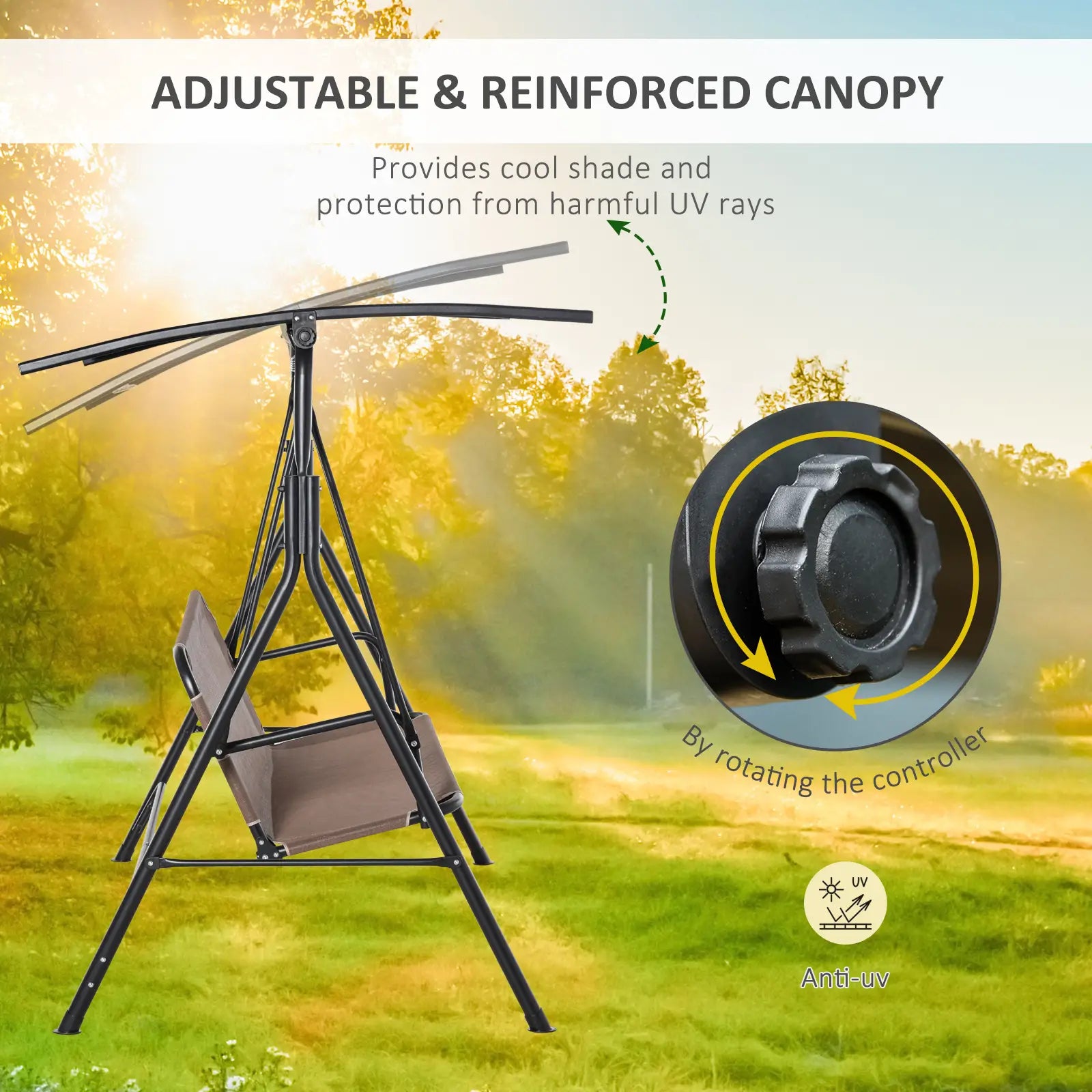 2-Person Porch Swing Chair, Adjustable Canopy, Breathable Seat, Brown Patio Swings with Stand at Gallery Canada