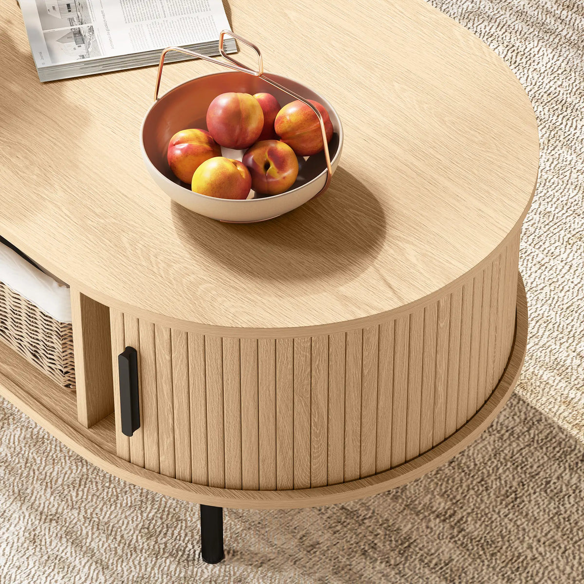 Coffee Table with Sliding Tambour Doors and Storage Center Table with Metal Legs, 39", Natural Coffee Tables at Gallery Canada