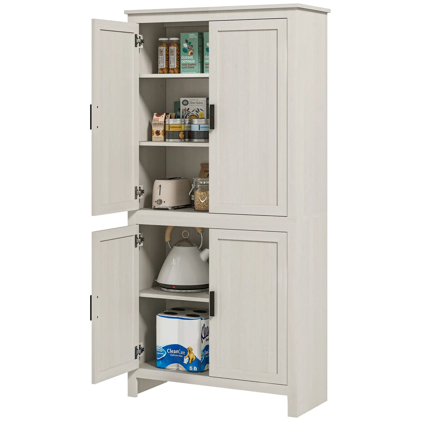 64" Kitchen Pantry Cabinet, 4 Doors, 3 Adjustable Shelves, Antique White, White Kitchen Pantry Cabinets Antique White at Gallery Canada