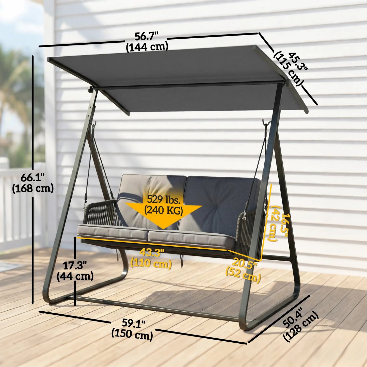 2-Person Outdoor Swing, Adjustable Canopy, Rattan Bench With Cushions Patio Swings with Stand at Gallery Canada