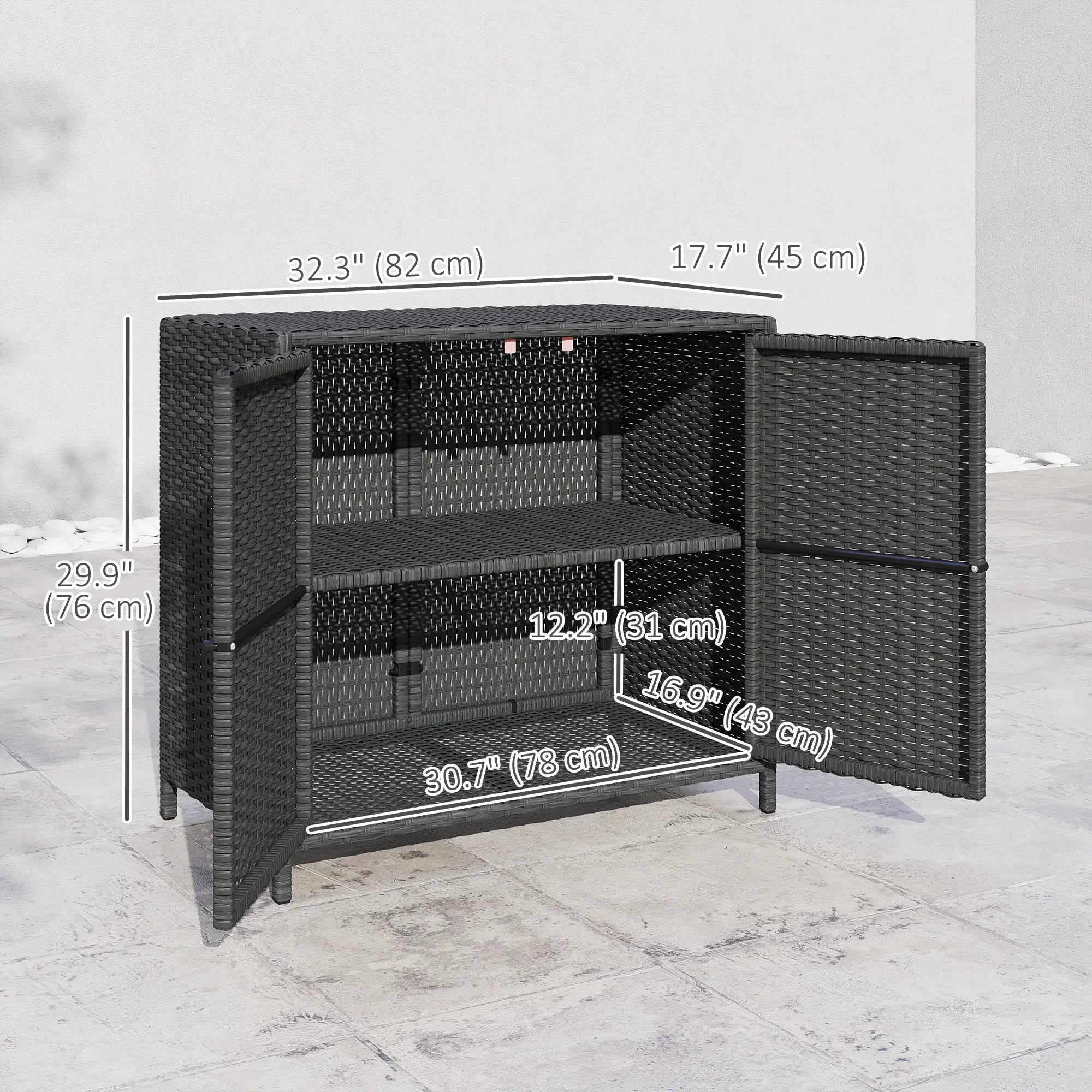 Outdoor Storage Cabinet, Double Magnetic Doors, PE Rattan Towel Rack, Dark Grey Patio Storage Boxes at Gallery Canada