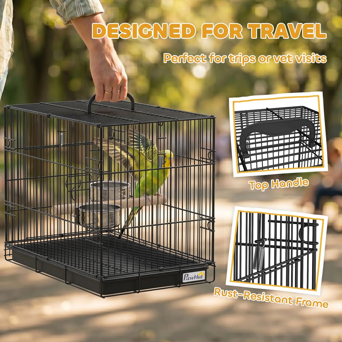 Bird Cage Portable w/ Slide-Out Tray Travel Cage for Parakeets w/ Perch &; Food Bowls Black