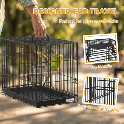 Bird Cage Portable w/ Slide-Out Tray Travel Cage for Parakeets w/ Perch &; Food Bowls Black