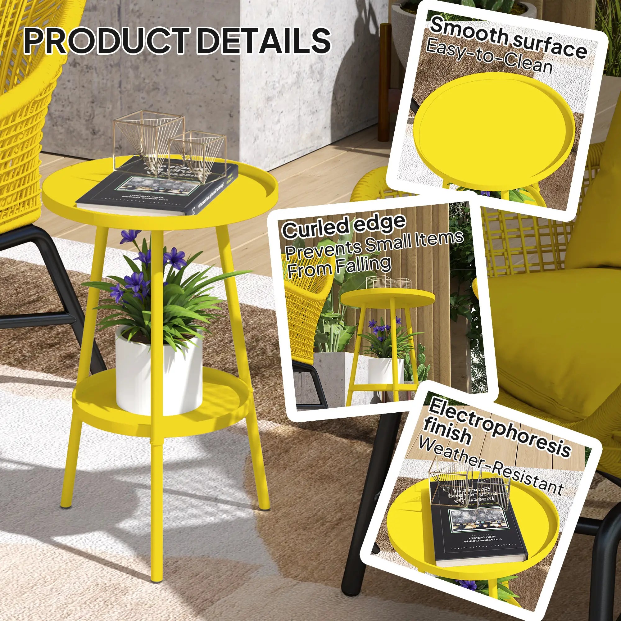 Round Garden Table, 2-Tier Small Side Table, Metal Patio Table, Yellow Patio Side Tables at Gallery Canada