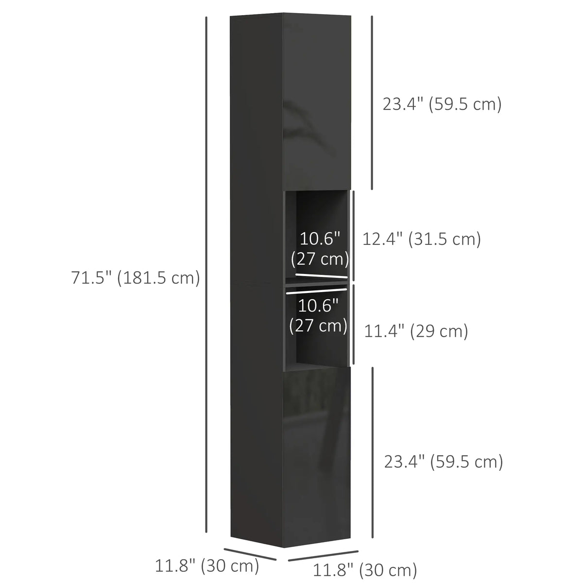 Tall Bathroom Cabinet, High Gloss Storage, Adjustable Shelves, 11.8" x 11.8" x 71.5", Black Bathroom Cabinets at Gallery Canada