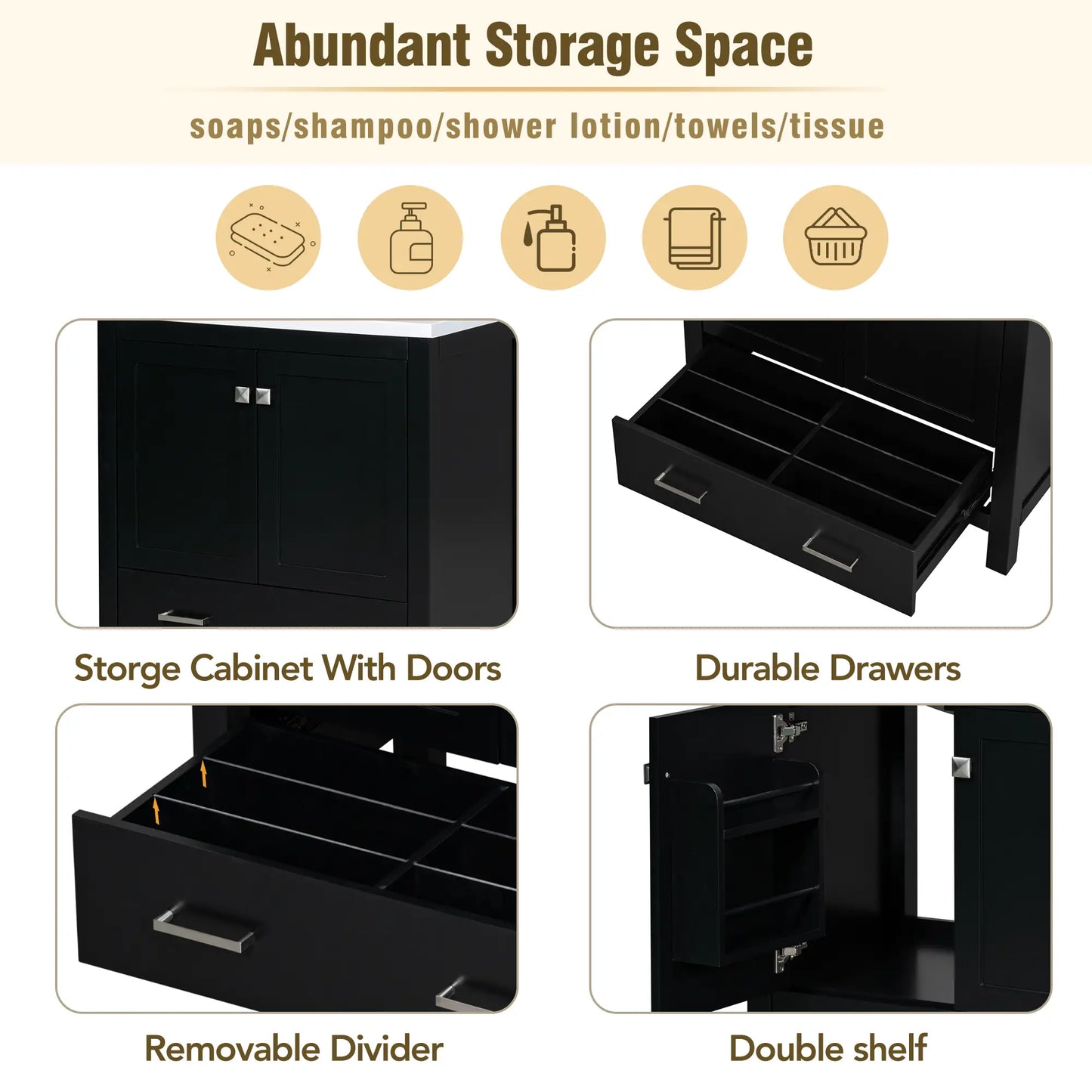 30" Bathroom Vanity, Single Undermount Sink, Soft-Close Doors, Black+White Sink Cabinets at Gallery Canada