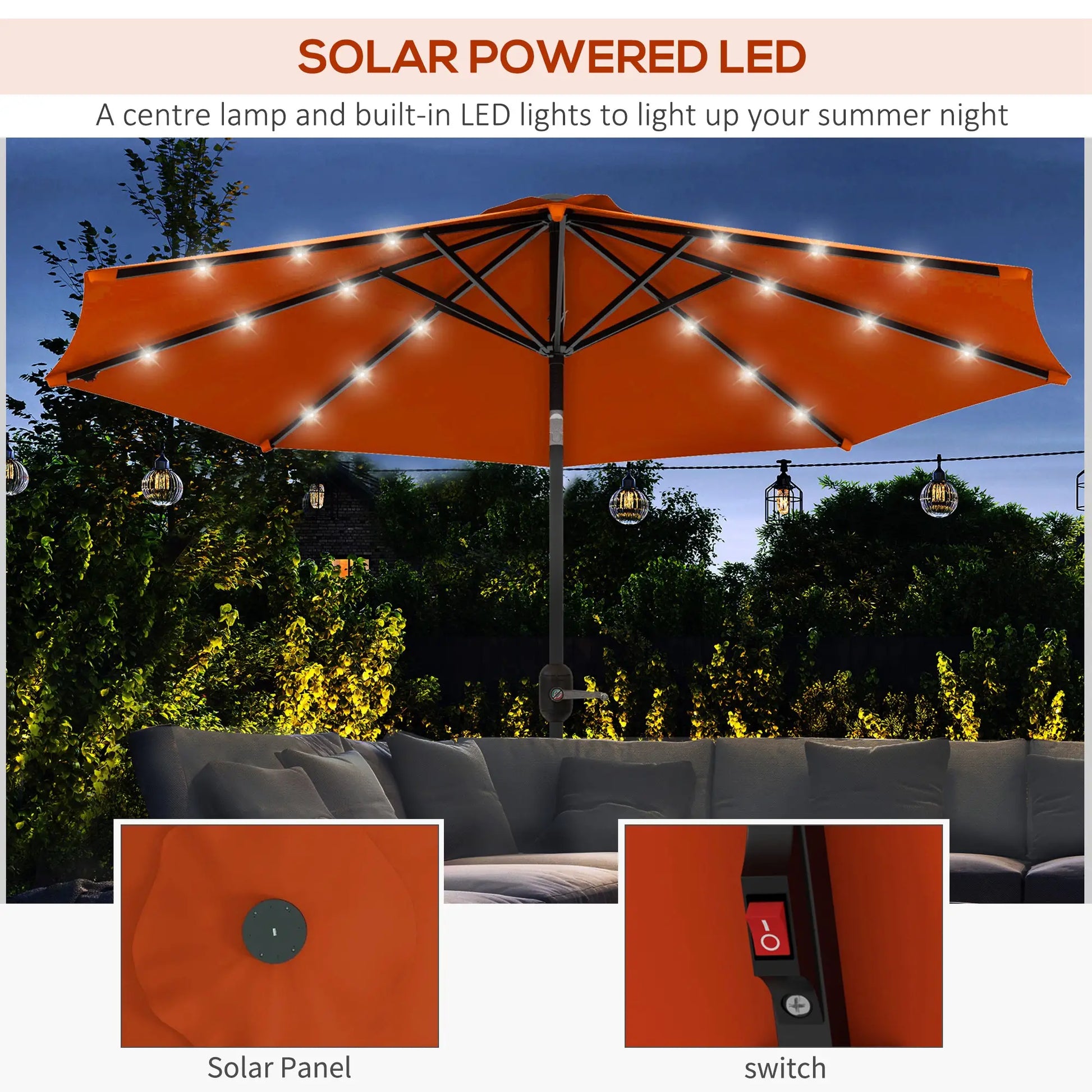 9ft Solar Patio Umbrella, 24 LED Lights, Tilt Canopy, Orange Sun Umbrellas at Gallery Canada