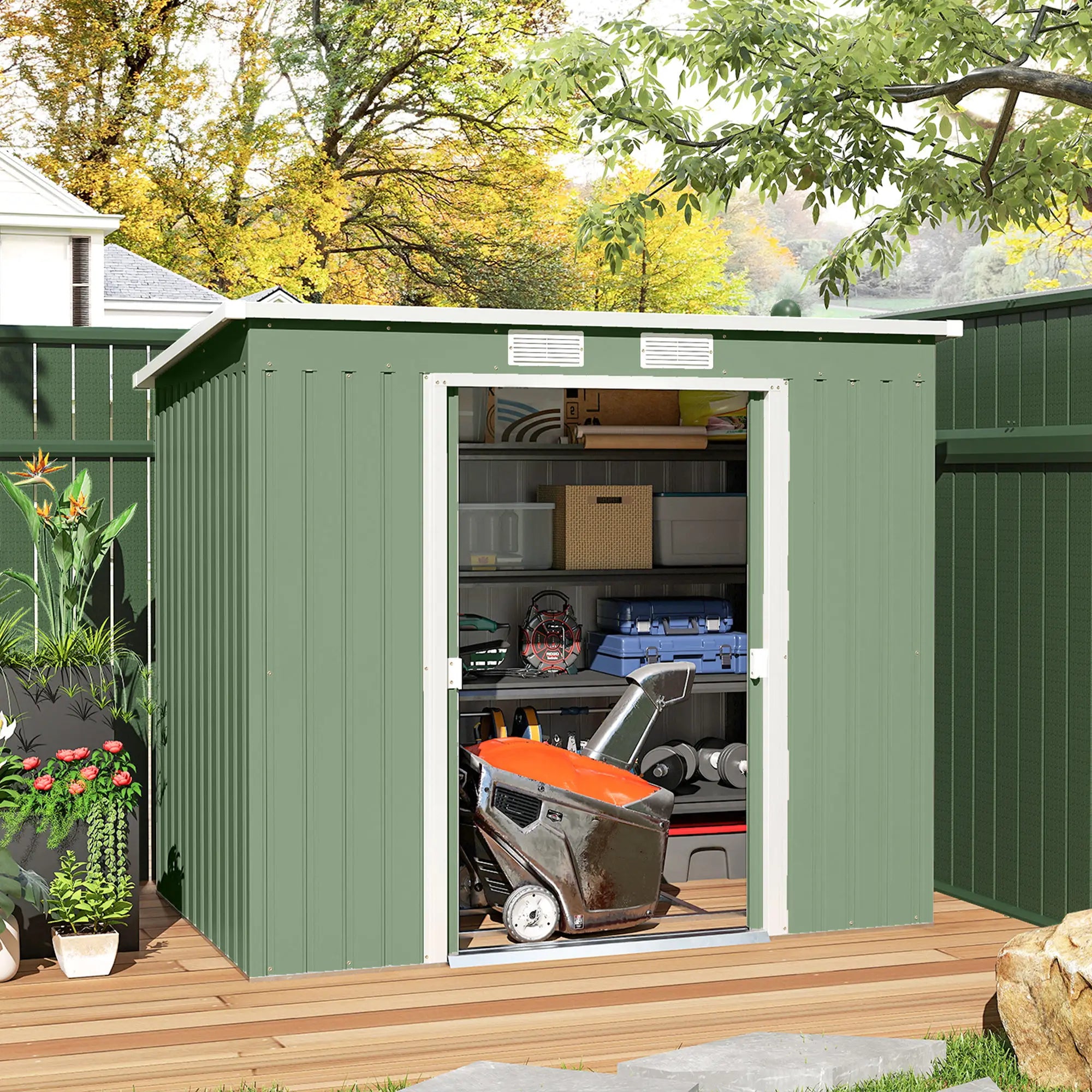 7' x 4' Galvanised Steel Garden Shed, Foundation Kit, Green Sheds at Gallery Canada