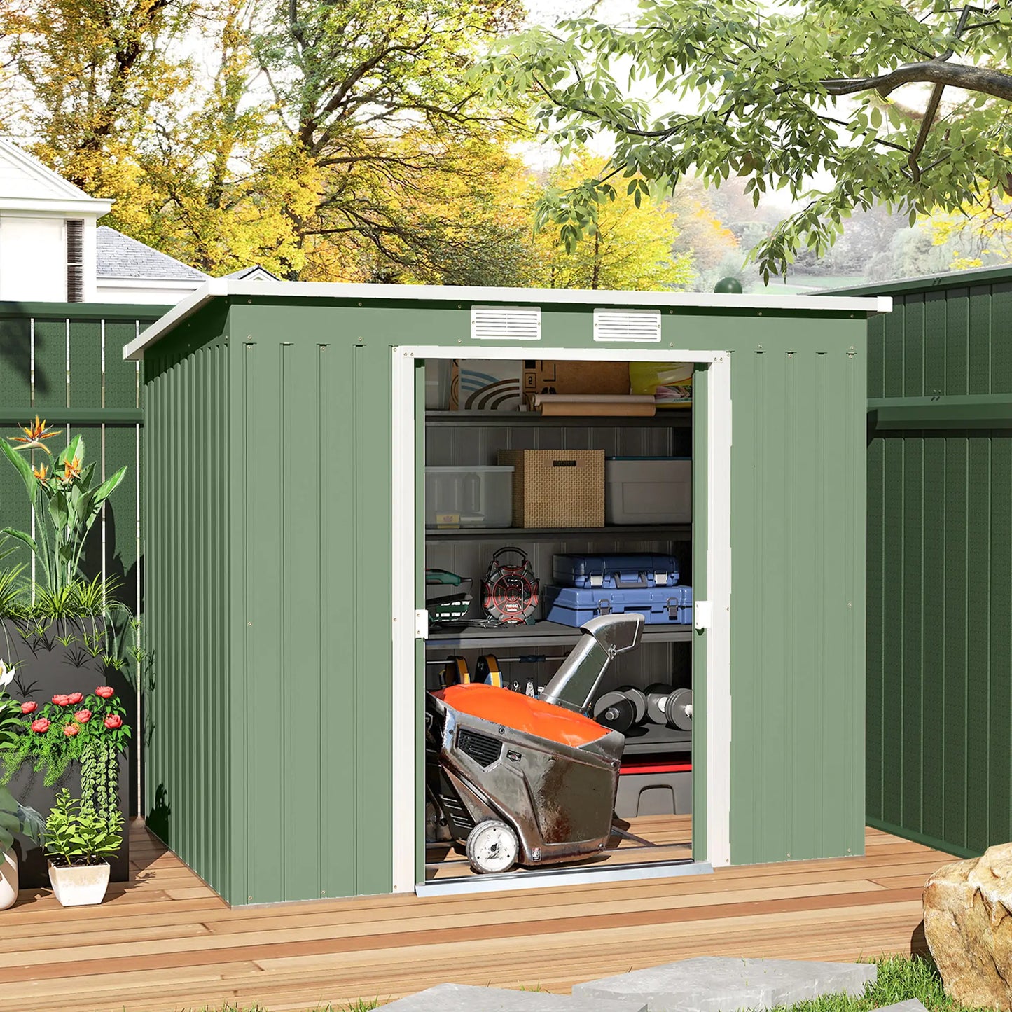7' x 4' Galvanised Steel Garden Shed, Foundation Kit, Green Sheds at Gallery Canada