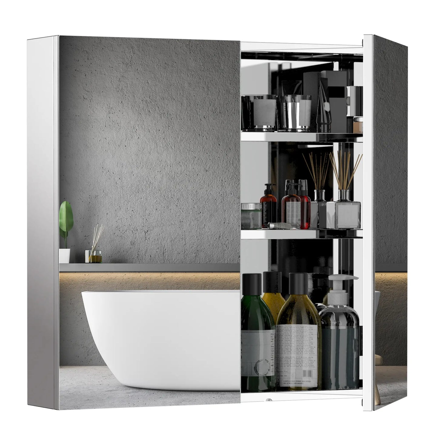 Wall Mounted Mirror Cabinet, Bathroom Medicine Cabinet, 2 Doors, 3-Tier Shelving, Silver Mirror Medicine Cabinets Silver at Gallery Canada