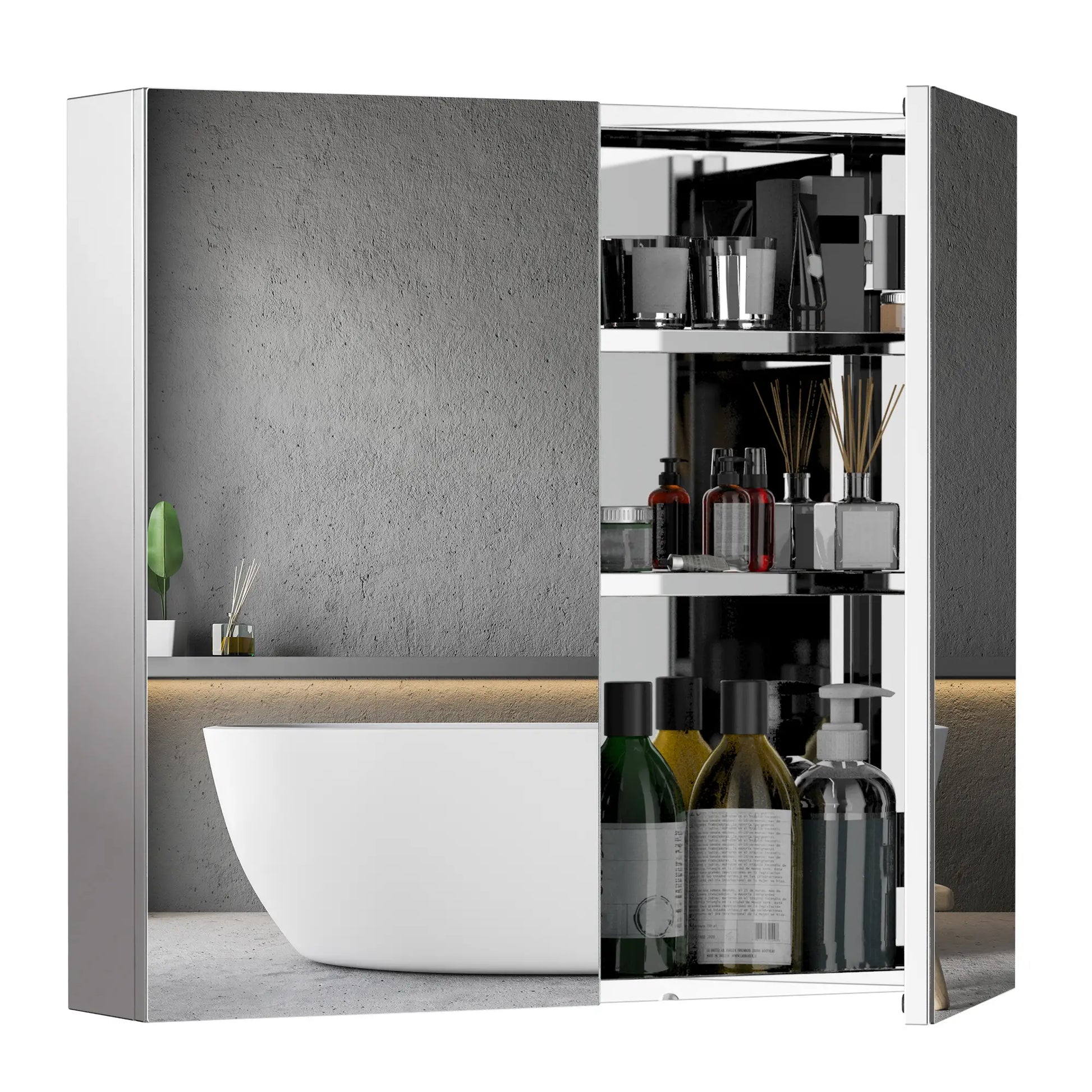 Wall Mounted Mirror Cabinet, Bathroom Medicine Cabinet, 2 Doors, 3-Tier Shelving, Silver Mirror Medicine Cabinets Silver at Gallery Canada