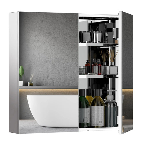 Wall Mounted Mirror Cabinet, Bathroom Medicine Cabinet, 2 Doors, 3-Tier Shelving, Silver