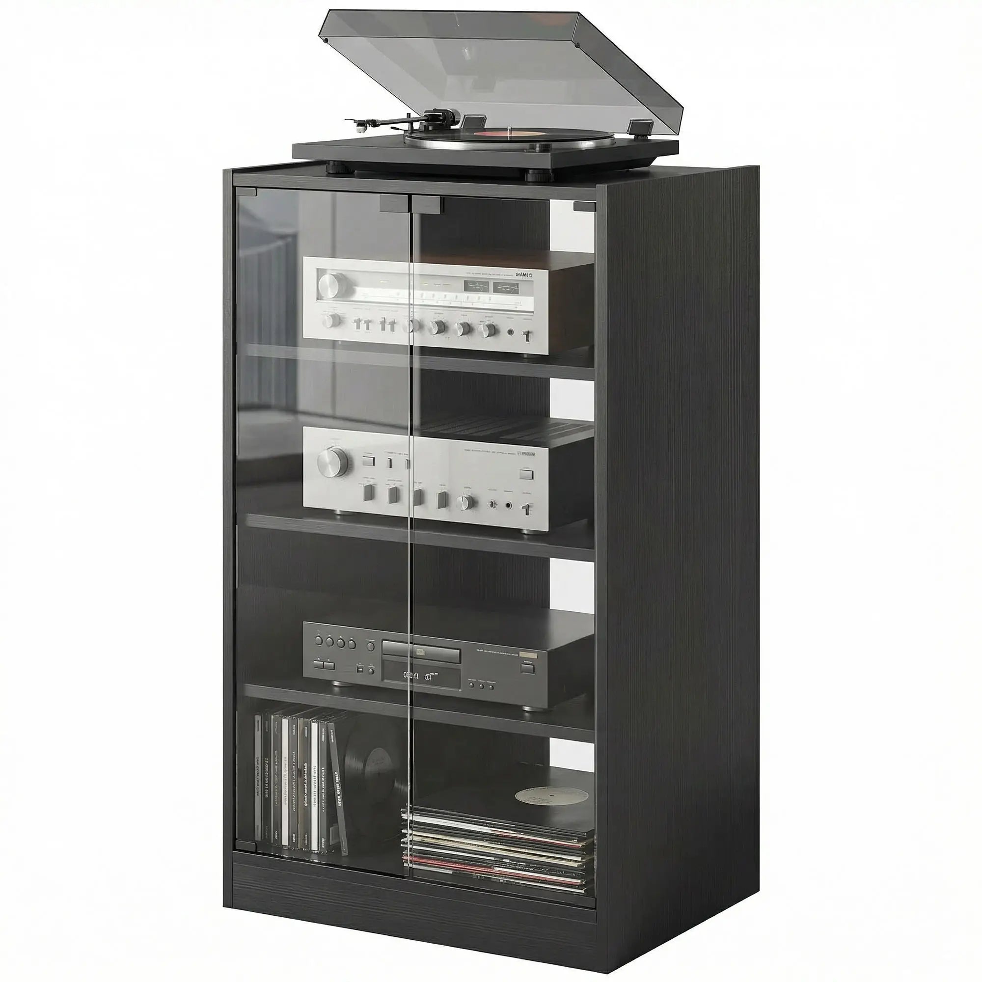 5-Tier AV Media Stand, Push Open Glass Doors, Adjustable Shelves, Distressed, Black Storage Cabinets at Gallery Canada