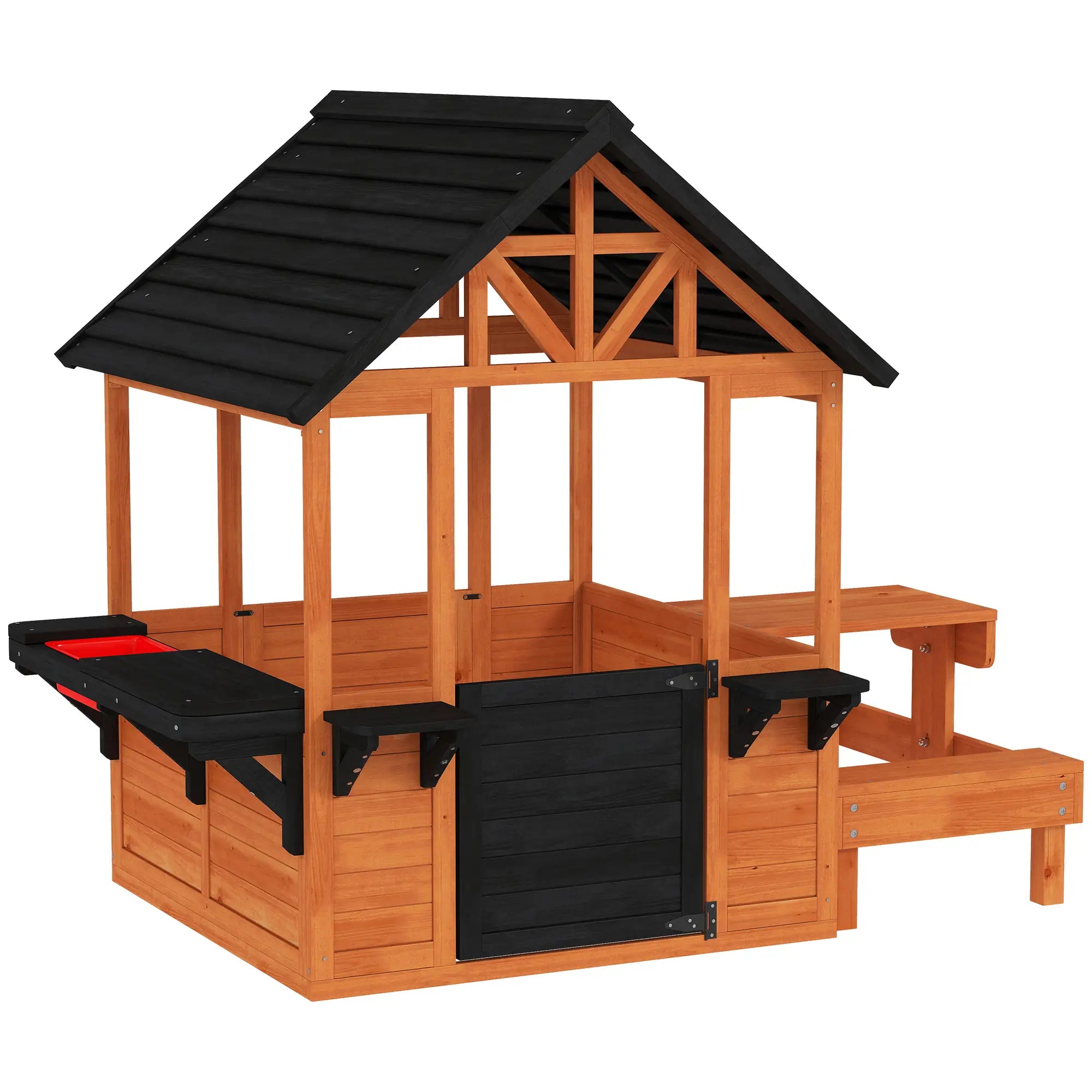 Wooden Playhouse With Table, Benches, Sink, Windows, Flowerpot Holders, Brown Play Houses Light Brown, Black at Gallery Canada