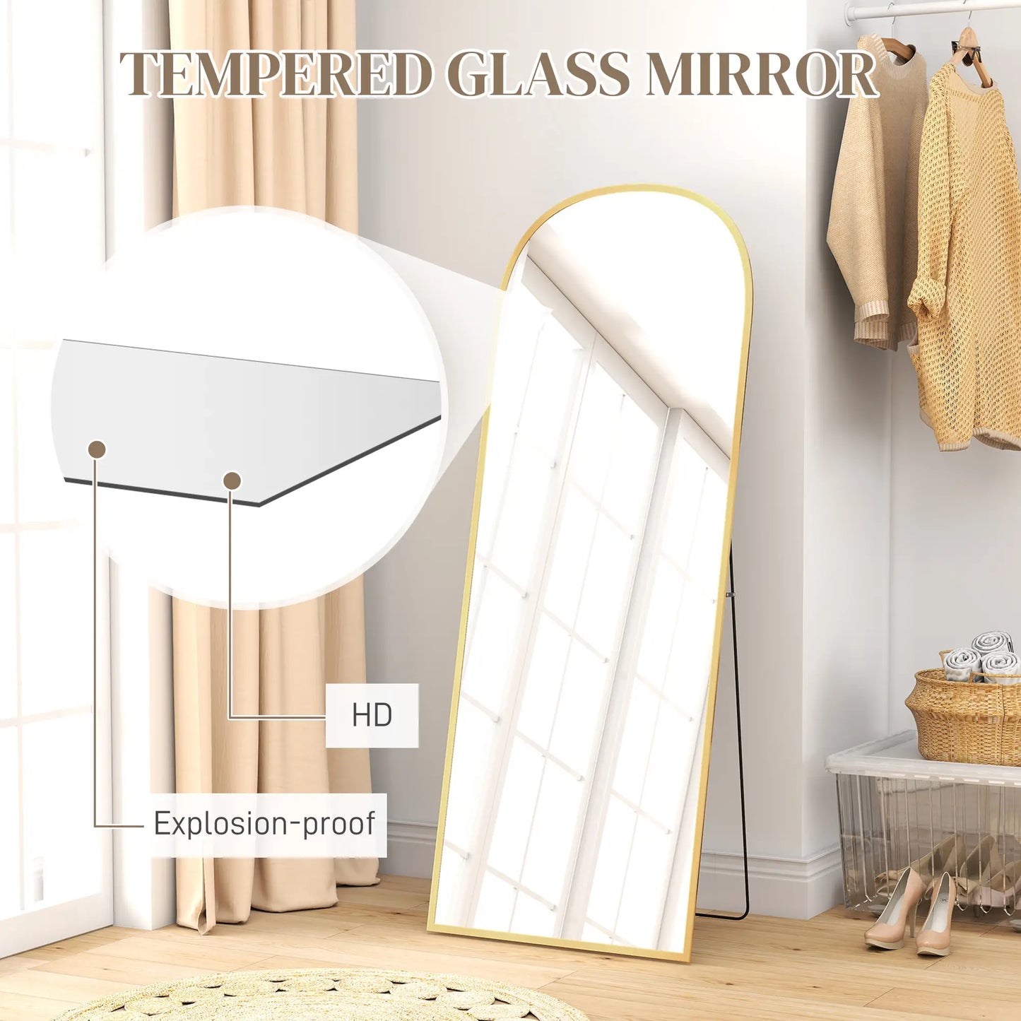 Arched Standing Mirror, 64" x 24", Full Length Mirror, Gold