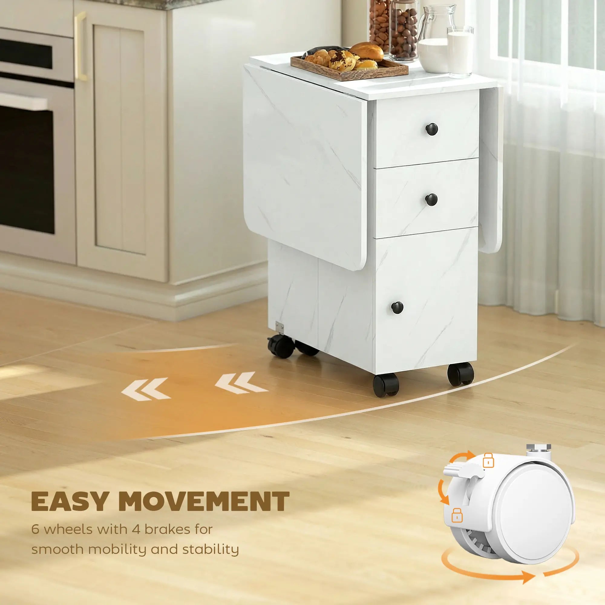 Drop Leaf Dining Table, Mobile Folding Table With Drawers, Marble White, White Dining Tables at Gallery Canada