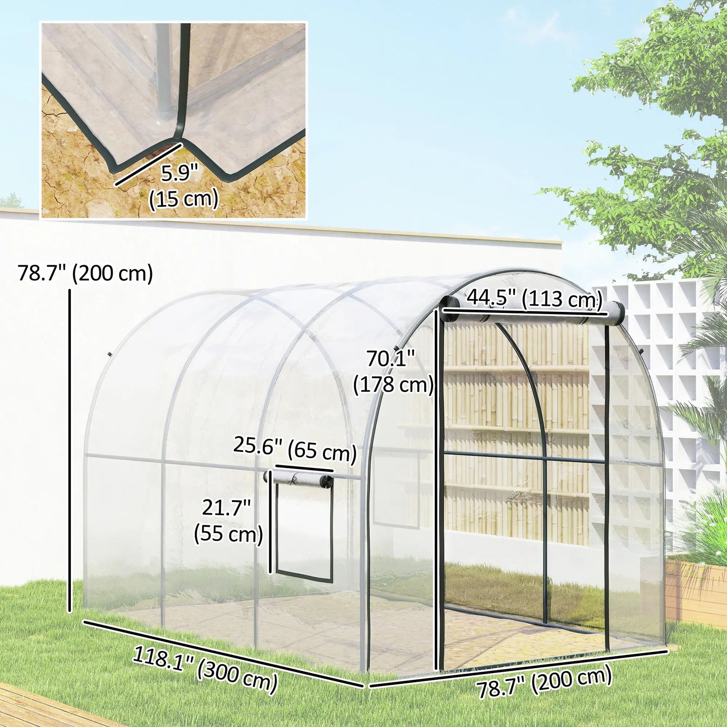 Polytunnel Greenhouse, Roll-Up Door, Mesh Window, 3 x 2 x 2 m, Clear