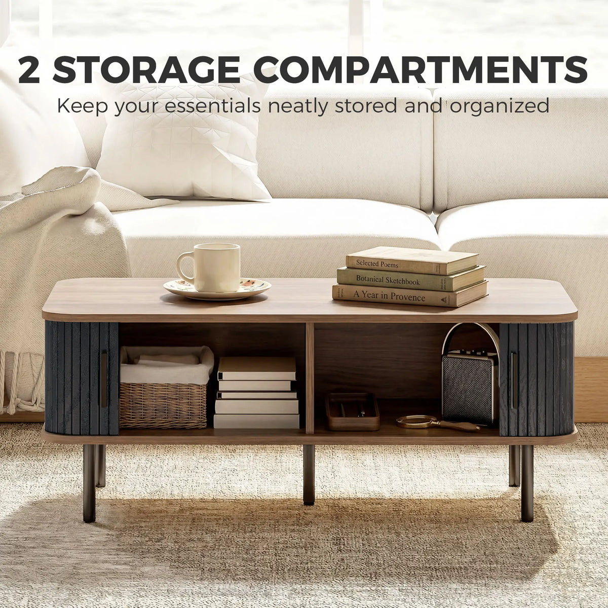 Nordic Side Table with Fluted Tambour Sliding Doors and Steel Legs, Coffee Table with Storage for Living Room, Black Coffee Tables at Gallery Canada
