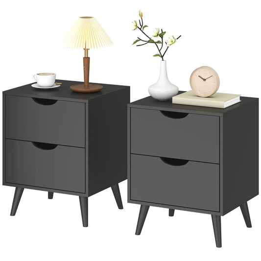 Modern Bedside Table Set Of 2, 2 Drawers, Pine Wood Legs, Black Bedside Tables Black at Gallery Canada