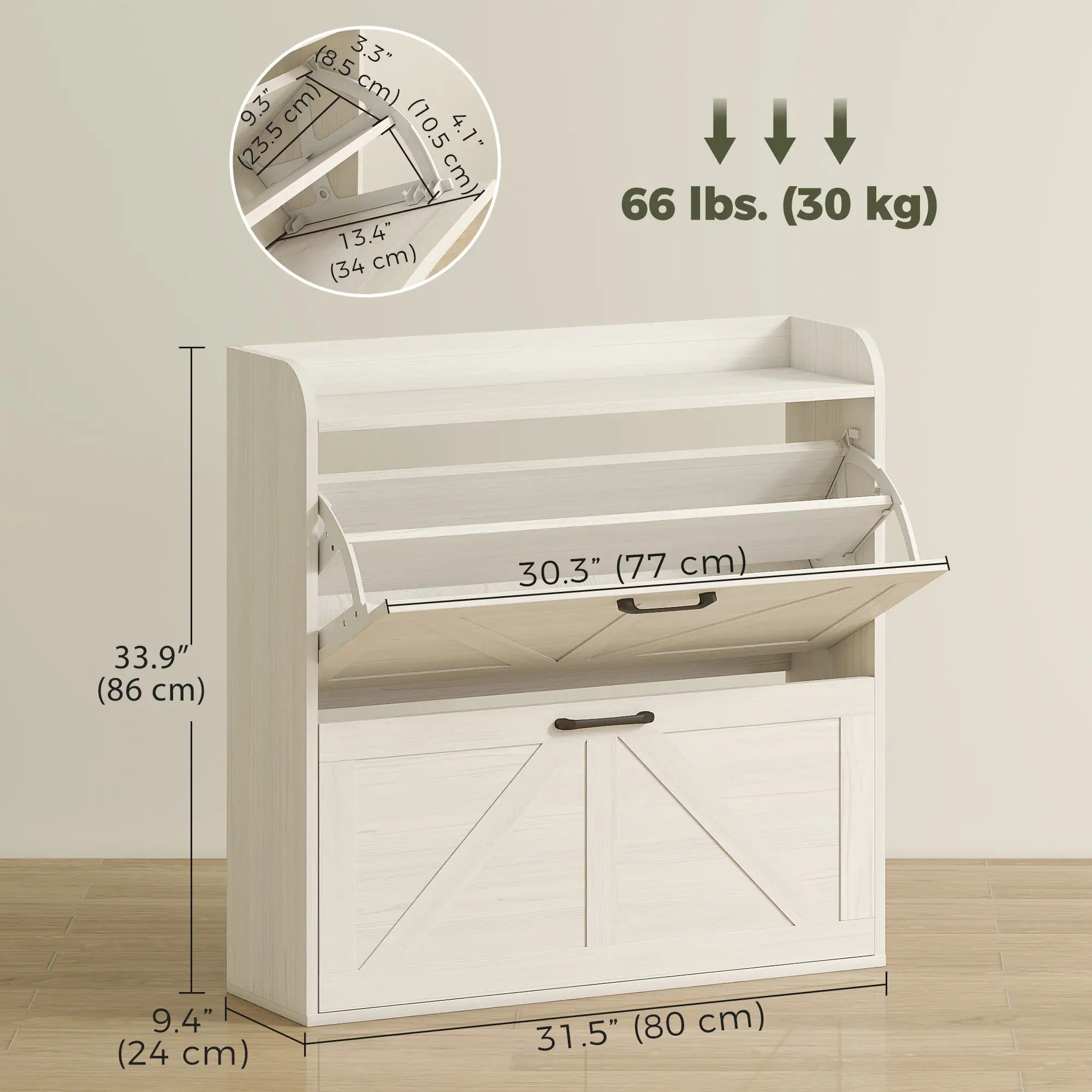 Narrow Shoe Storage Cabinet, 2 Flip Drawers, Adjustable Shelves, White Oak Shoe Storage Cabinets & Racks at Gallery Canada