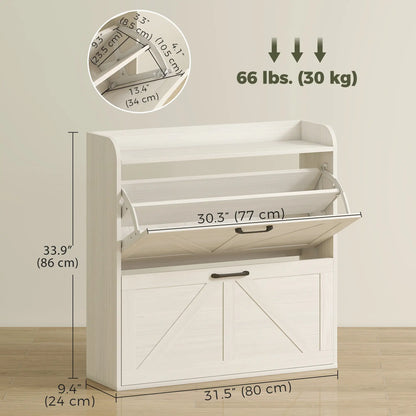 Narrow Shoe Storage Cabinet, 2 Flip Drawers, Adjustable Shelves, White Oak Shoe Storage Cabinets & Racks at Gallery Canada