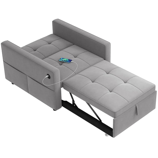 Convertible Chair Bed, Pull Out Sleeper with USB, Adjustable Backrest, Velvet Futon, Grey Single Sofas Grey at Gallery Canada