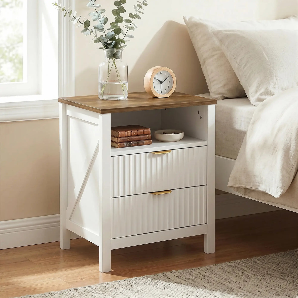 Nightstand With 2 Fluted Drawers, Open Shelf, Anti-Tipping, White Walnut, White Walnut Bedside Tables at Gallery Canada