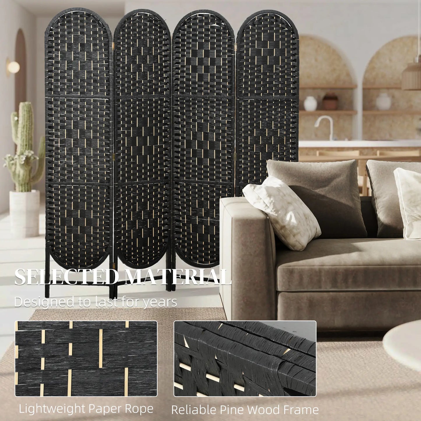 Bohemian Privacy Screen, 4 Panel Folding Room Divider, Arched Top, Black Room Dividers at Gallery Canada
