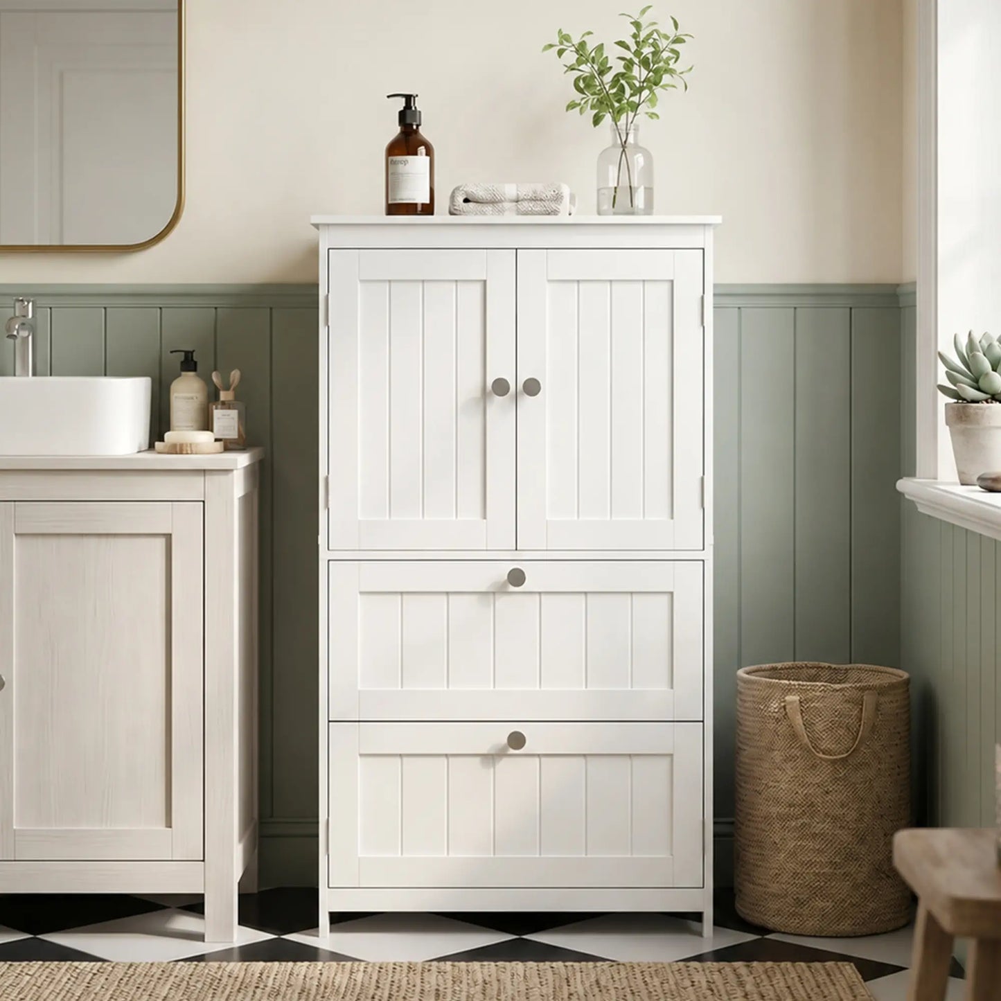 Narrow Bathroom Cabinet, 2 Drawers, Adjustable Shelf, White