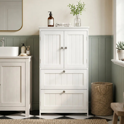 Narrow Bathroom Cabinet, 2 Drawers, Adjustable Shelf, White