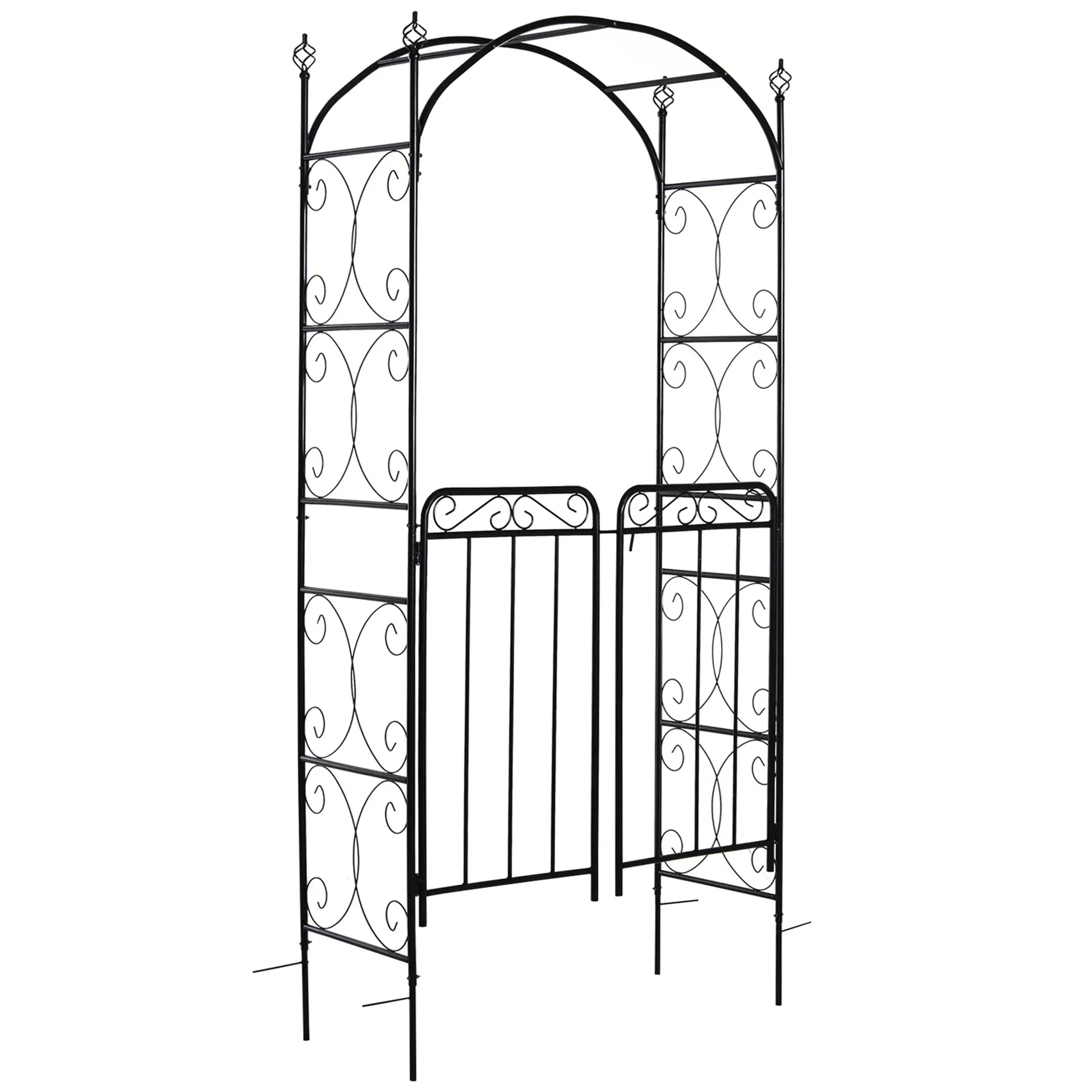7' Metal Garden Arbor Arch, Scrollwork Doors, for Ceremony, Weddings Garden Arches Black at Gallery Canada