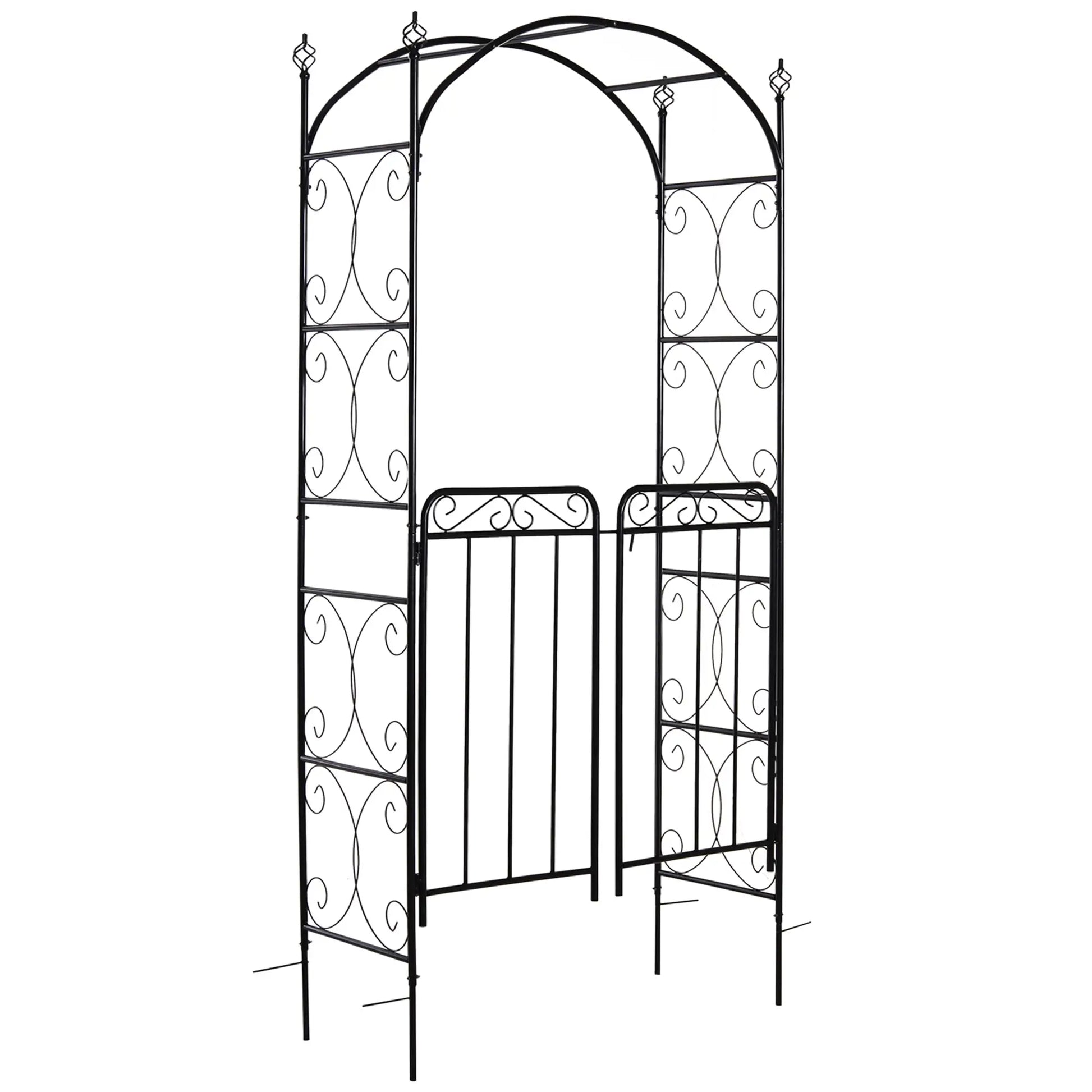 7' Metal Garden Arbor Arch, Scrollwork Doors, for Ceremony, Weddings Garden Arches Black at Gallery Canada