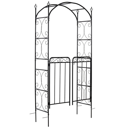 7' Metal Garden Arbor Arch, Scrollwork Doors, for Ceremony, Weddings Garden Arches Black at Gallery Canada