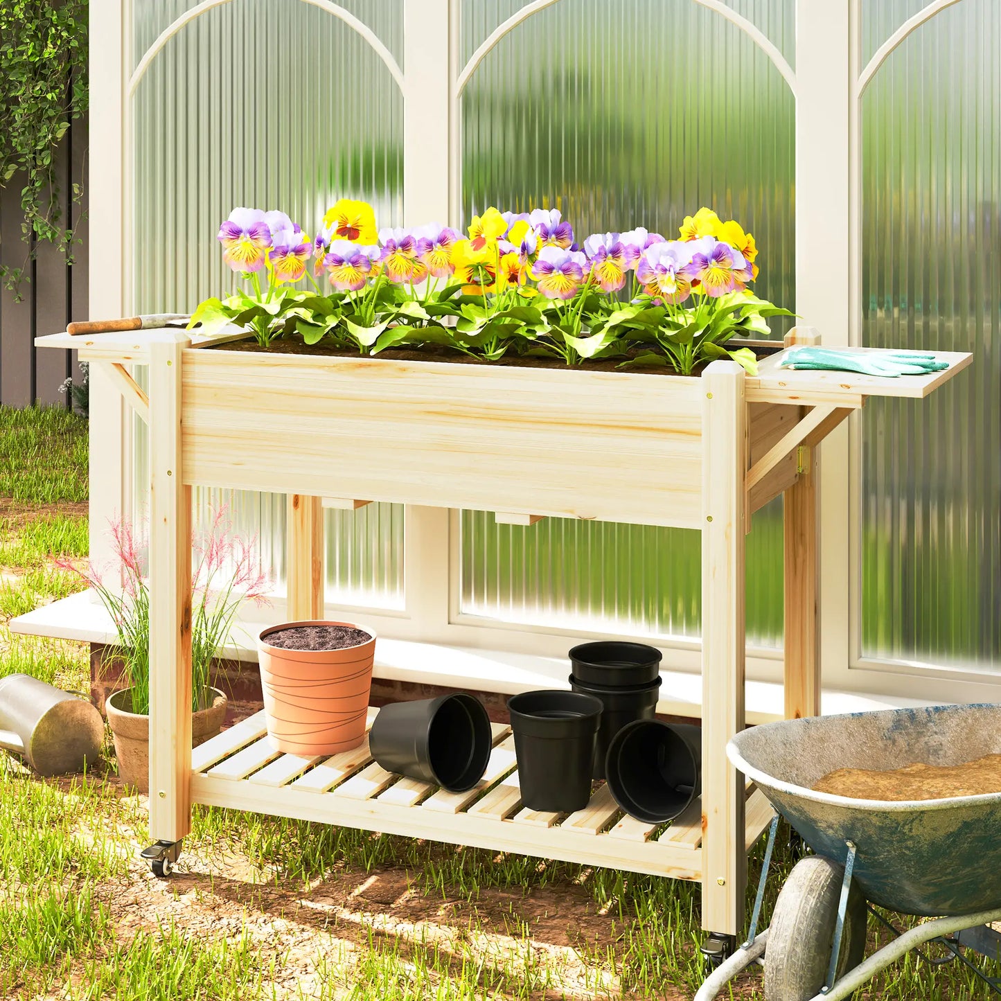 Raised Garden Bed, Wood Planter Box with Wheels, Side Tables, Natural Raised Garden Beds at Gallery Canada