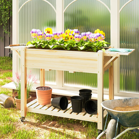 Raised Garden Bed, Wood Planter Box with Wheels, Side Tables, Natural Raised Garden Beds Natural at Gallery Canada