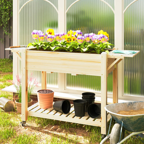 Raised Garden Bed, Wood Planter Box with Wheels, Side Tables, Natural