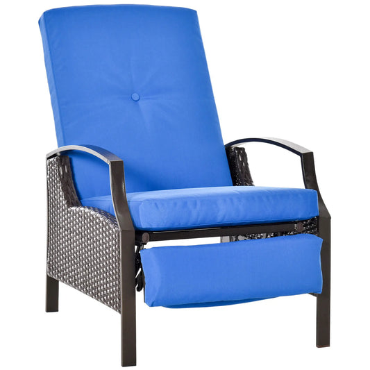 Outdoor Rattan Recliner Chair, Adjustable Back, Retractable Footrest, Blue Chaise Loungers Blue at Gallery Canada