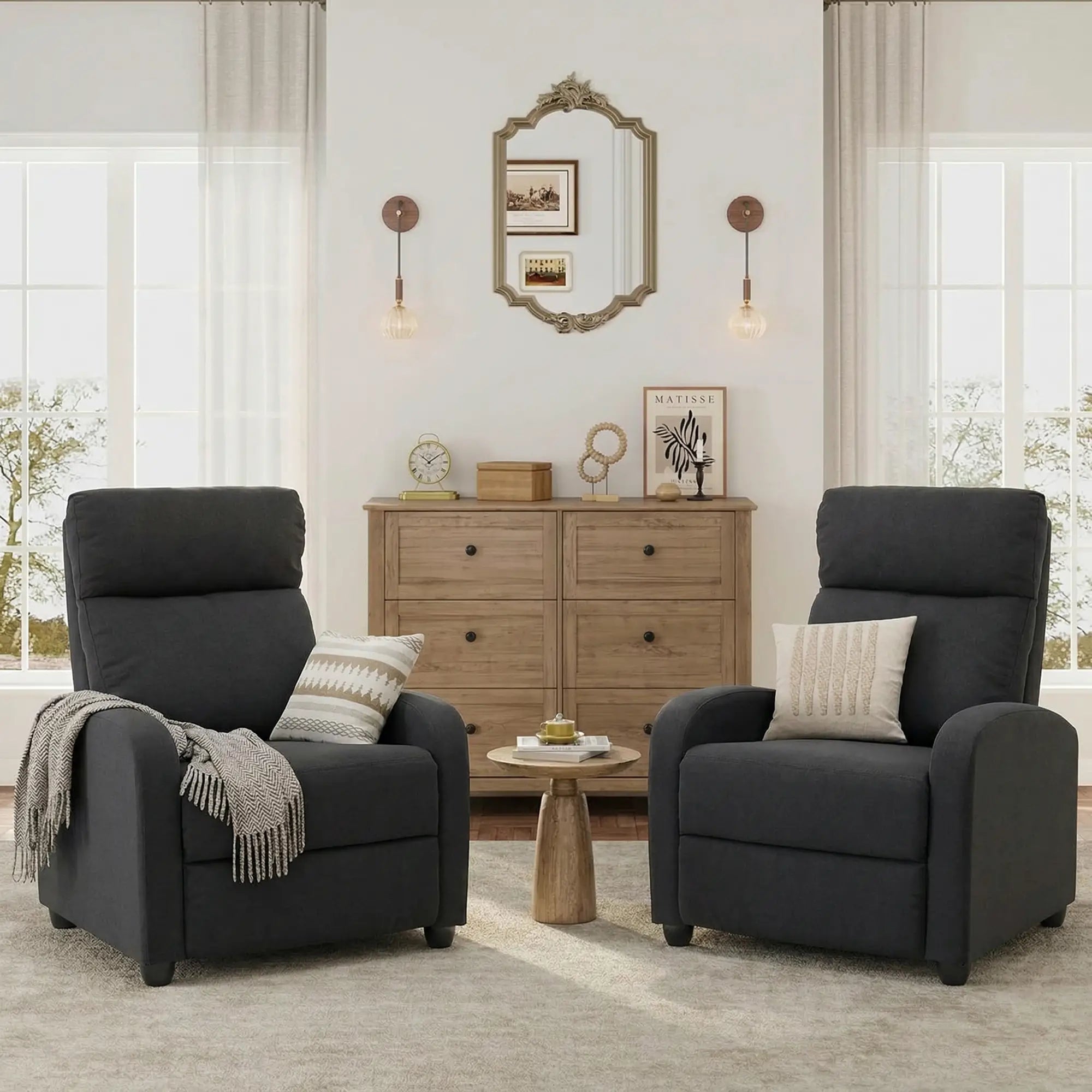 Manual Fabric Recliner Chair, Single Sofa with Padded Seat, Black Single Sofas at Gallery Canada