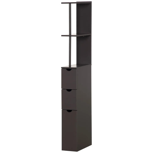 Tall Narrow Bathroom Storage Cabinet with Drawers, Open Shelves, Brown
