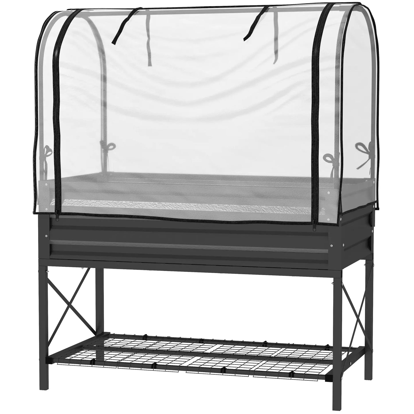 Metal Raised Garden Bed With Cover, With Bottom Shelf And Liner, Black