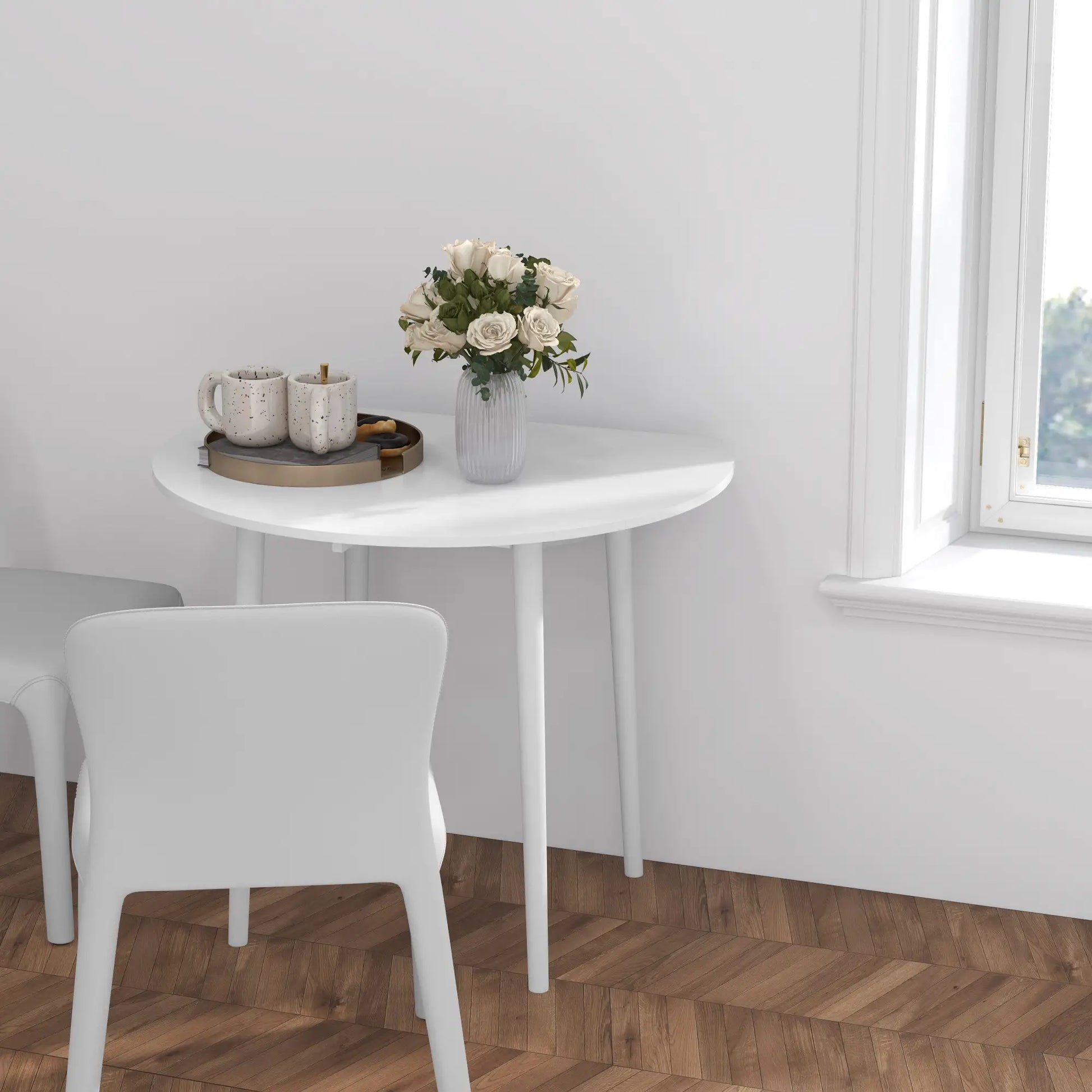 Folding Dining Table, Round Drop Leaf Kitchen Table, Distressed White, White Dining Tables at Gallery Canada