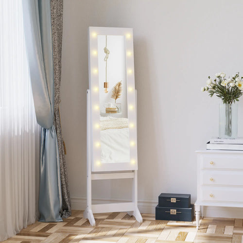 Free Standing Armoire Organizer, Lighted Mirrored Jewelry Cabinet, Angle Adjustable, 16 LED Lights