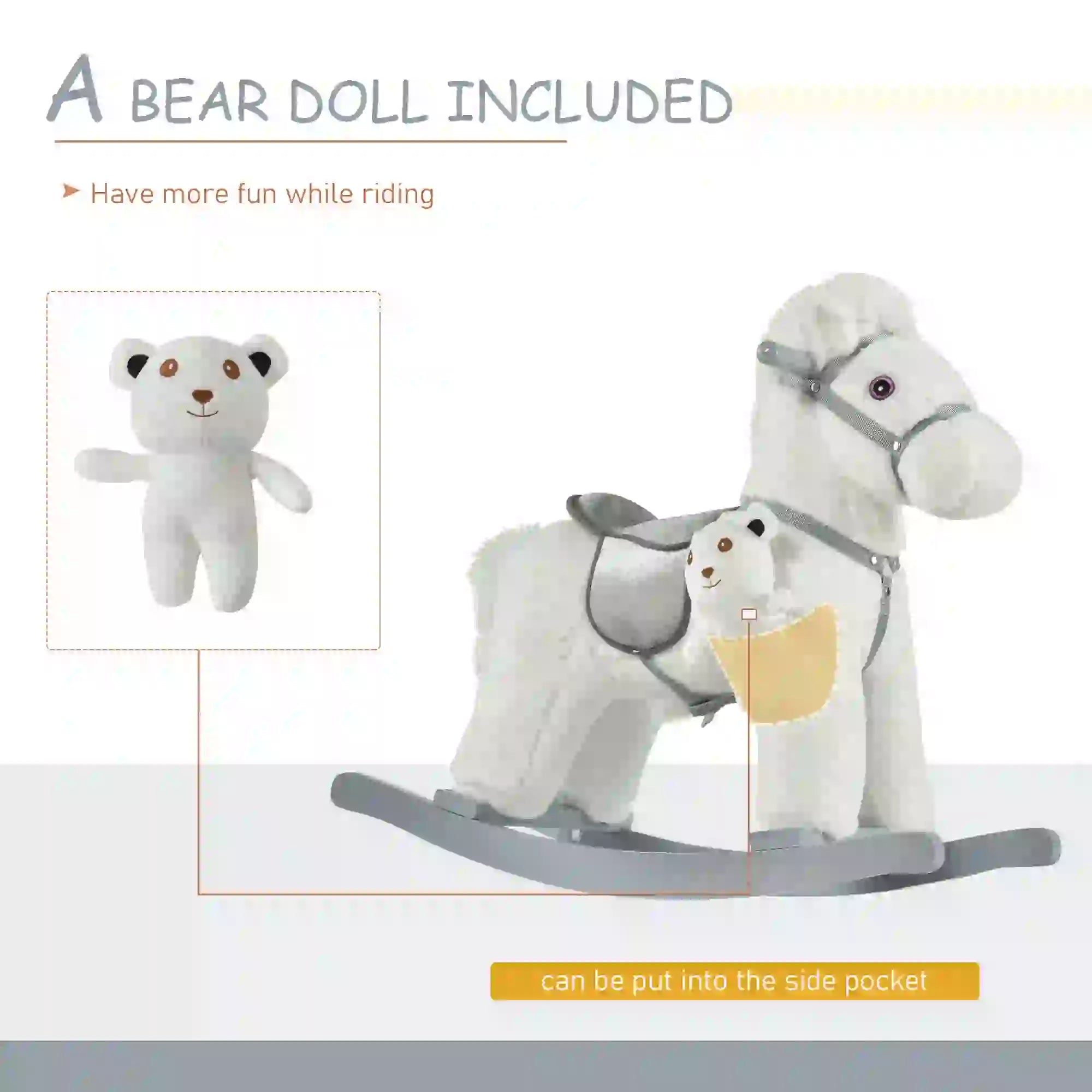 Kids Plush Ride-On Rocking Horse, Soft Bear Toy, Realistic Sounds, White Rocking Horses at Gallery Canada