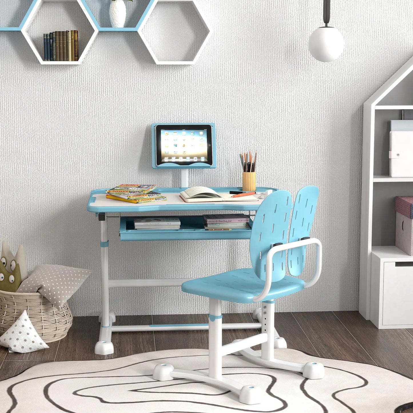 Adjustable Kids Desk and Chair Set, Tilt Desktop, Large Board, Drawer, Blue Kids Desk Sets at Gallery Canada