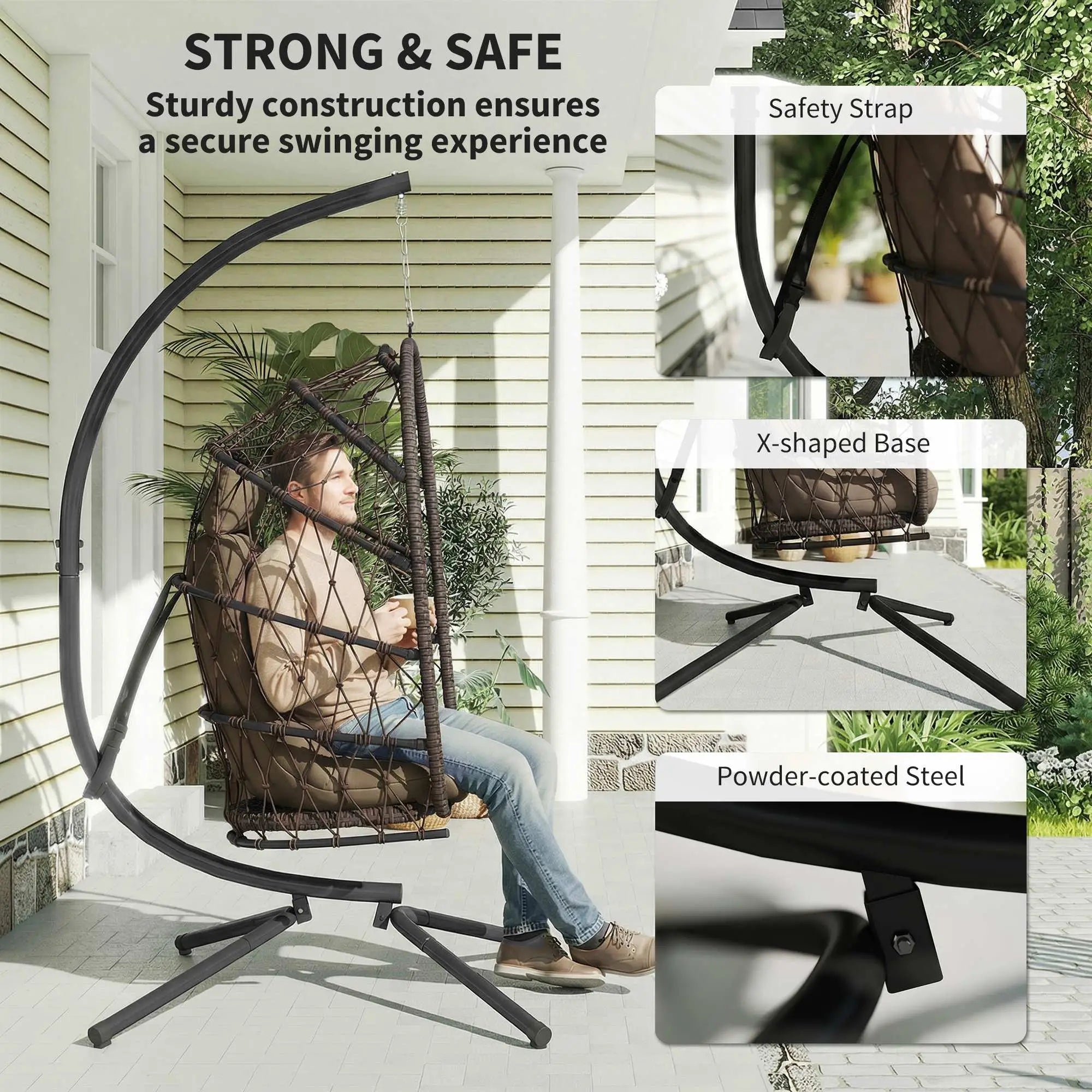 Hanging Egg Chair With Stand, Foldable Wicker Rattan Swing Chair, Brown Patio Swings with Stand at Gallery Canada