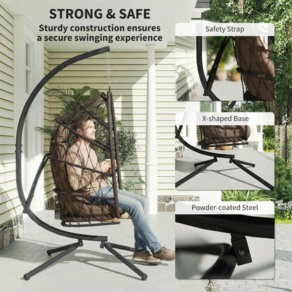 Hanging Egg Chair With Stand, Foldable Wicker Rattan Swing Chair, Brown Patio Swings with Stand at Gallery Canada