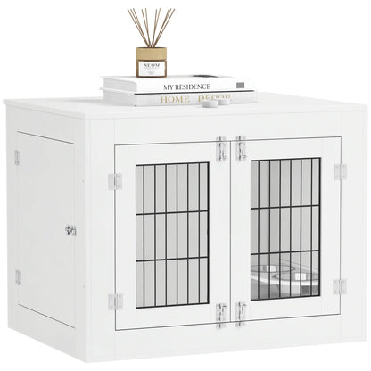 Dog Crate Furniture, 360° Rotatable Bowls, Two Doors, Medium Dogs, 31.5" x 24" x 25", White Houses, Kennels & Pens at Gallery Canada