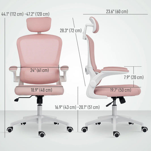 Ergonomic Mesh Office Chair, High Back, Rotatable Headrest, Flip-Up Armrests, Lumbar Support, Pink Task Chairs at Gallery Canada