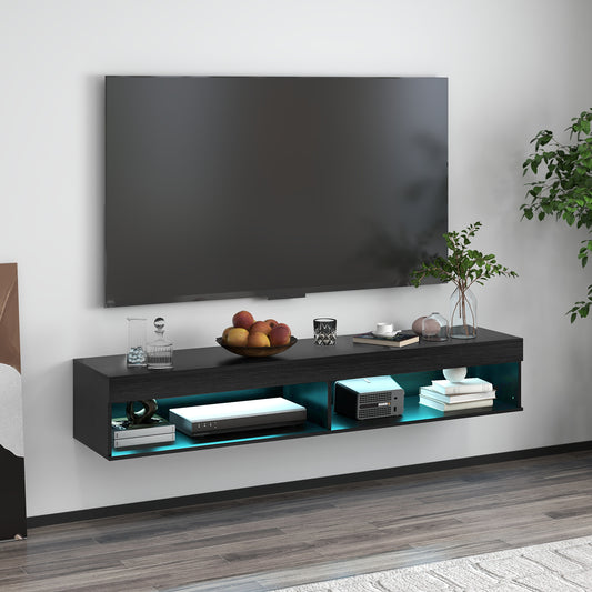 Modern Wall Mounted TV Stand with Storage and LED Lights for TVs up to 75", Floating TV Shelf for Living Room, Black - Gallery Canada